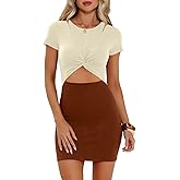 oten Women's Sexy Bodycon Cutout Twist Front Crew Neck Ribbed Knit Vacation Club Party Mini Dress