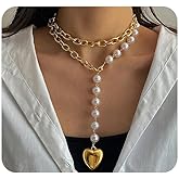 Long Gold Heart Pearls Pendant Necklace for Women,Layered Puffy Love Pearl Link Chain Necklaces,Personalized Valentine's Day Jewelry Accessories Gifts