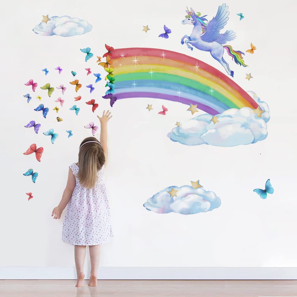 Runtoo Rainbow Wall Art Decals Unicorn Rainbow Butterfly Clouds Wall Stickers for Baby Nursery Girls Bedroom Living Room Home Decor — image 1