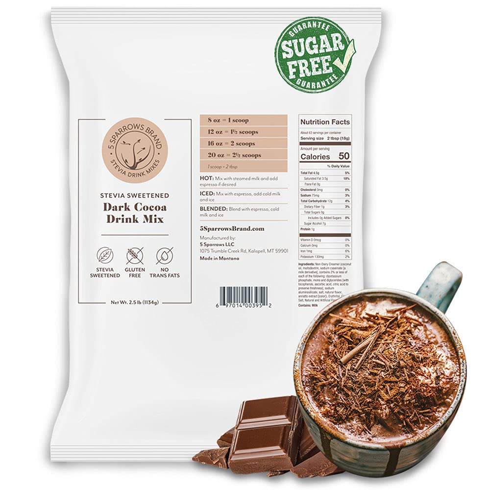 5 SPARROWS Sugar-Free Dark Chocolate Flavored Drink Mix, Naturally Sweetened with Stevia & Erythritol - Zero Sugar Dark Cocoa Coffee Creamer, 40 oz (2.5 lb)