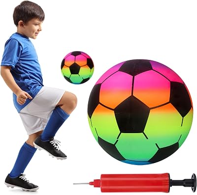 APOMOONS Inflatable Rainbow Soccer Ball 9 Inch PVC Neon Football with Hand Pump