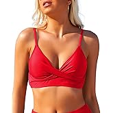 Limeeke Women's Twist Front Bikini Top V Neck Padded Swimsuit Top Adjustable Spaghetti Straps Bathing Suit Tops