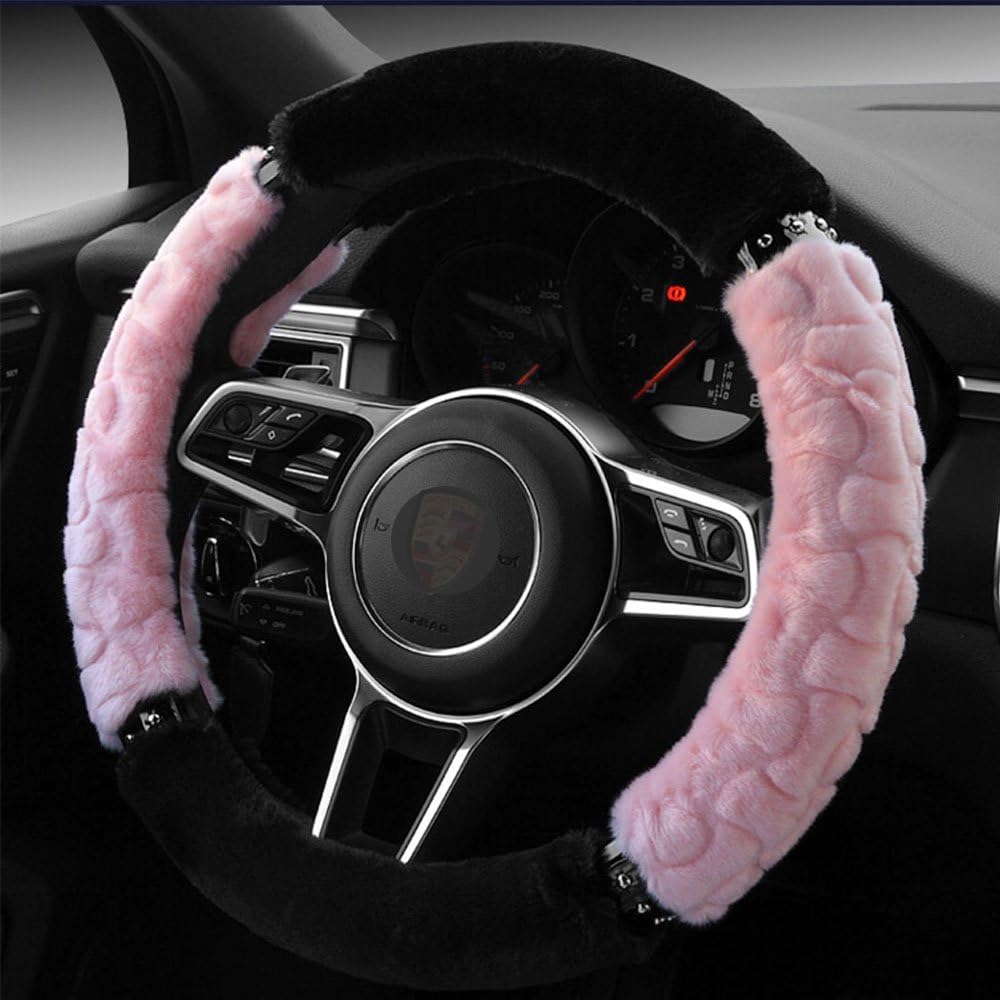 Velvet Steering Wheel Cover Winter Warm Plush Fluffy Wheel Protector Universal 38cm / 15" M Size (C - Pink)