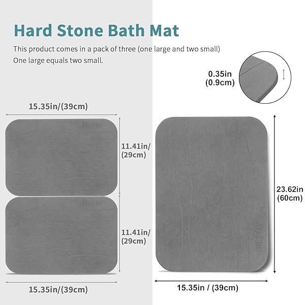 JIZEUO STONE BATH MAT, SET OF 3,DIATOMACEOUS EARTH SHOWER MAT, NON-SLIP SUPER ABSORBENT QUICK DRYING BATH MAT FOR BATHROOM FLOOR, GREY