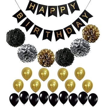 Geburtstagsballons 25 Stück/Set mit Papierblume Ball Buchstaben Banner Ziehflagge Schwarz Gold Helium Ballons für Partyzubehö