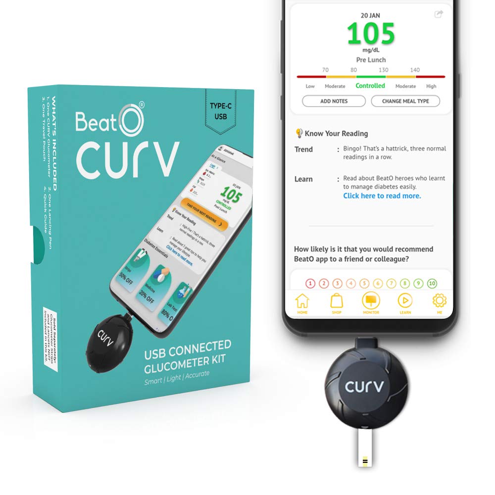 BeatO CURV Glucometer Kit with 50 Strips & 50 Lancets (Type-C USB)
