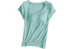 Womens Shirts with Built in Bra Short Sleeve Shirts Summer Casual Athletic Workout Yoga Shelf Bra Padded T Shirts Tops