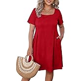D.Q.RZhong Womens Plus Size Short Sleeve Dresses Square Neck Casual Summer Sundress Flowy Knee Length Dress with Pockets