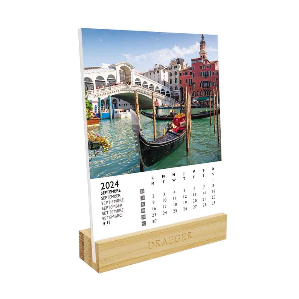DRAEGER PARIS | Calendar on Europe 2024 Base | 12 x 16.5 cm | Year 2024 | 7 Languages | Monthly Desk Decoration Calendar | Bamboo Base | FSC® Certified Paper | Vegetable Inks