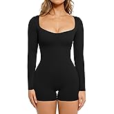 Popilush Black Long Sleeve Jumpsuit for Women Athletic Romper Ribbed Fall Workout Shorts Yoga Sweetheart Neck Body Suits
