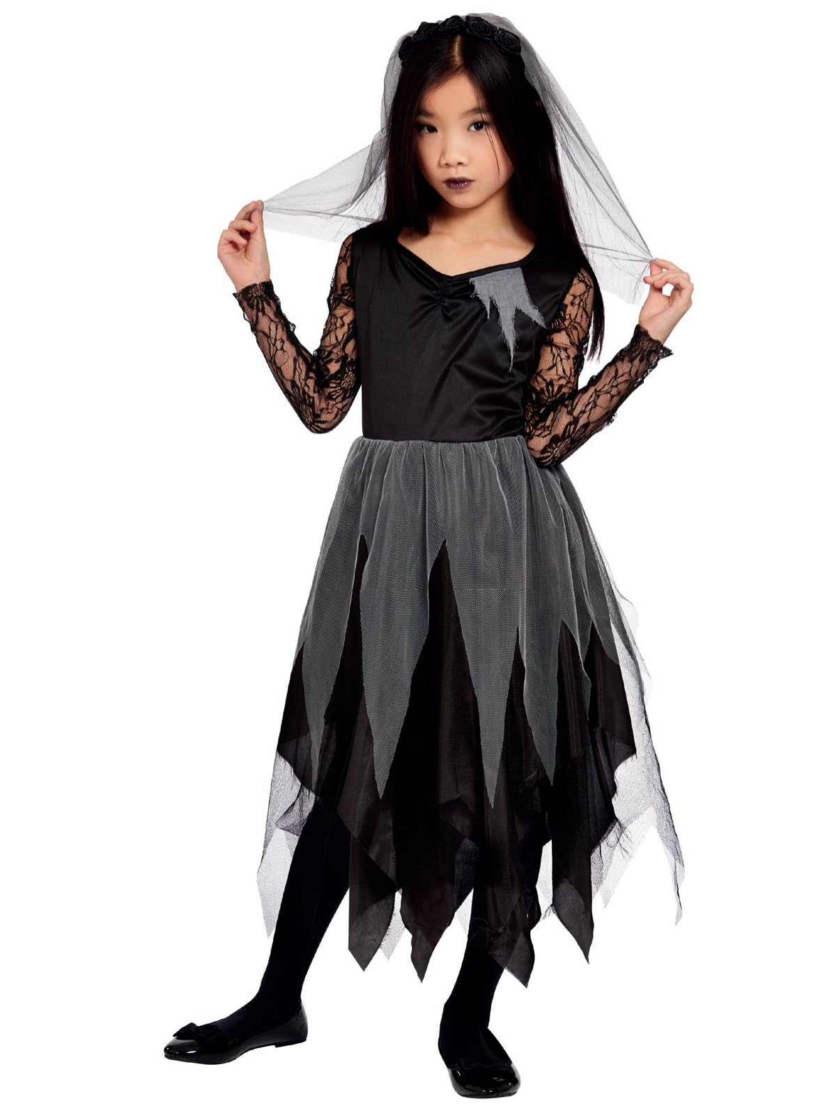 Smiffys Grave Yard Bride, Black Dress & Veiled Headband, Halloween Child Fancy Dress, Zombie Dress Up Costumes