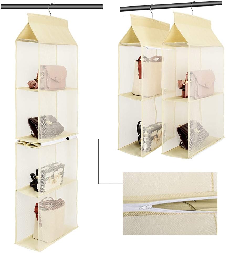 Hanging Purse Handbag Organizer, Detachable Nonwoven 4 Pockets Mesh Shelves Handbag Storage Bag for Holder Wardrobe Closet Living Room Bedroom, Beige