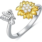 SLIACETE Sunflower Spinner Ring 925 Sterling Silver Fidget Ring Adjustable Anti-Anxiety Rings Jewelry Gifts for Women Anxiety