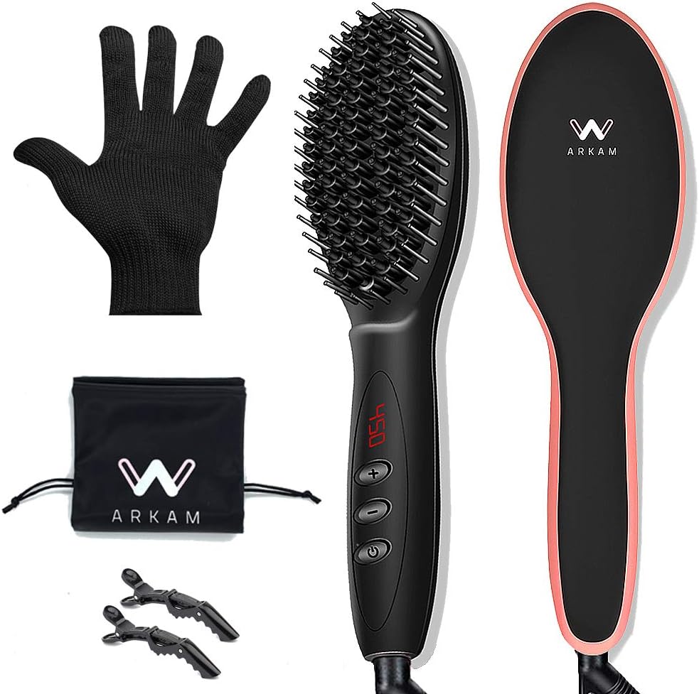 Arkam Ionic Hair Straightener Brush - Dual Ceramic Heating, LED Display, Variable Temperature Settings, Anti-Scald Hair Straightening Brush, Portable 2 in 1 Hair Brush Straightener Silky Smooth Hair