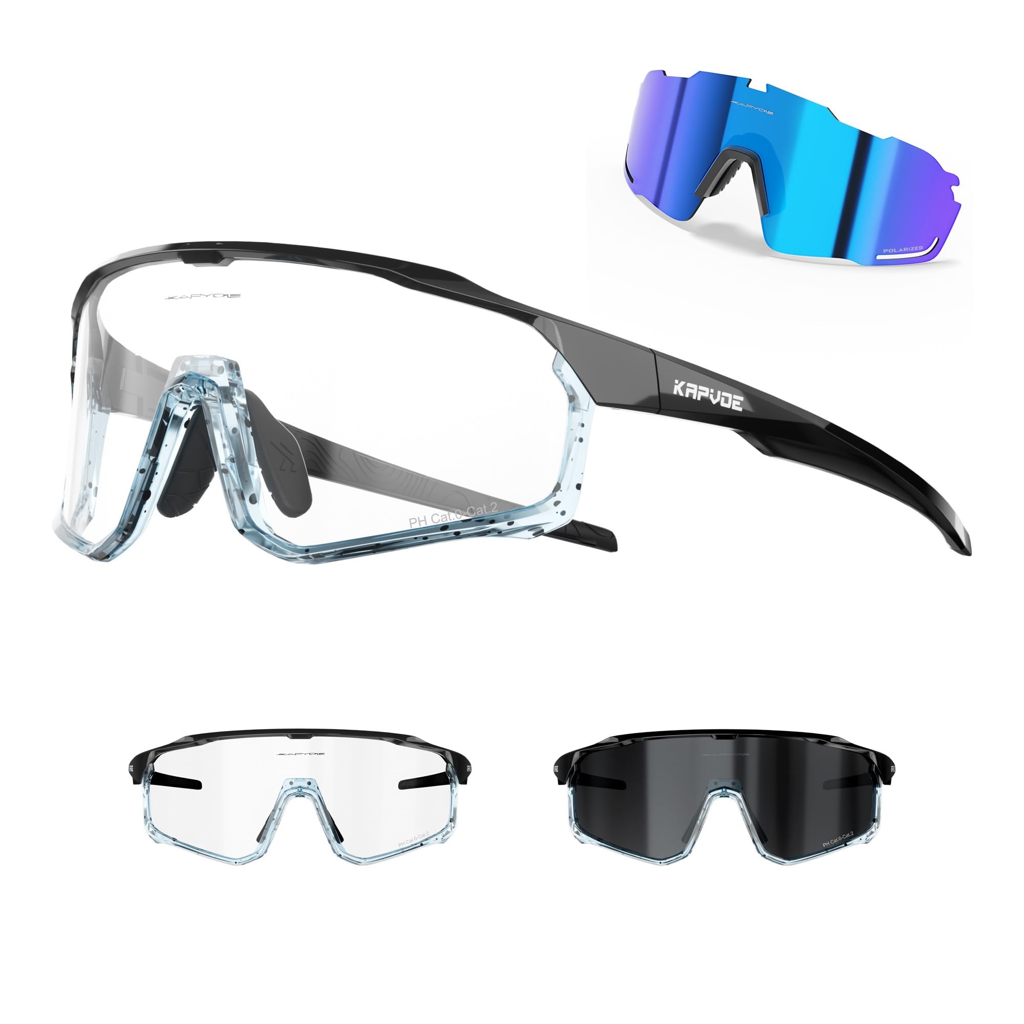 KAPVOE Cycling Glasses Polarized Photochromic Interchangeable Sports Sunglasses Clear UV400 Protection Women Men Bike Goggles Running MTB Bicycle Fishing Riding Golf Driving Hiking Glass Cycle