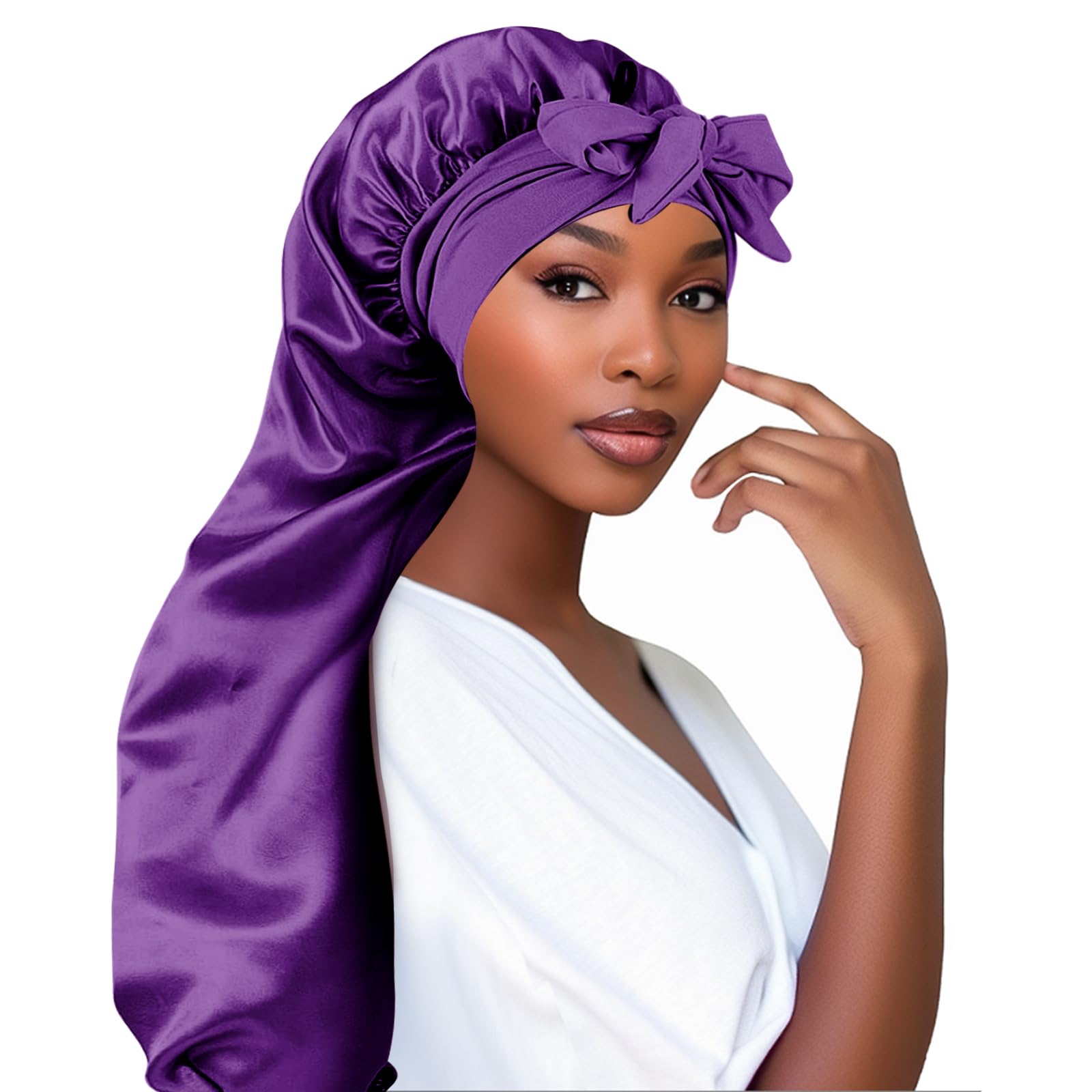 Adorila Extra Long Satin Bonnet for Women, Adjustable Braid Bonnet with Tie Band, Double Layer Elastic Silk Headwear, Purple, One Size