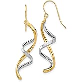 14k Two-Tone Gold Dangle Earrings for Women with Twisted Helix Design, Spiral Yellow White Blend, Elegant Drop Style for Formal Fashion, Versatile Lightweight Fine Jewelry Statement Piece 38x9 mm