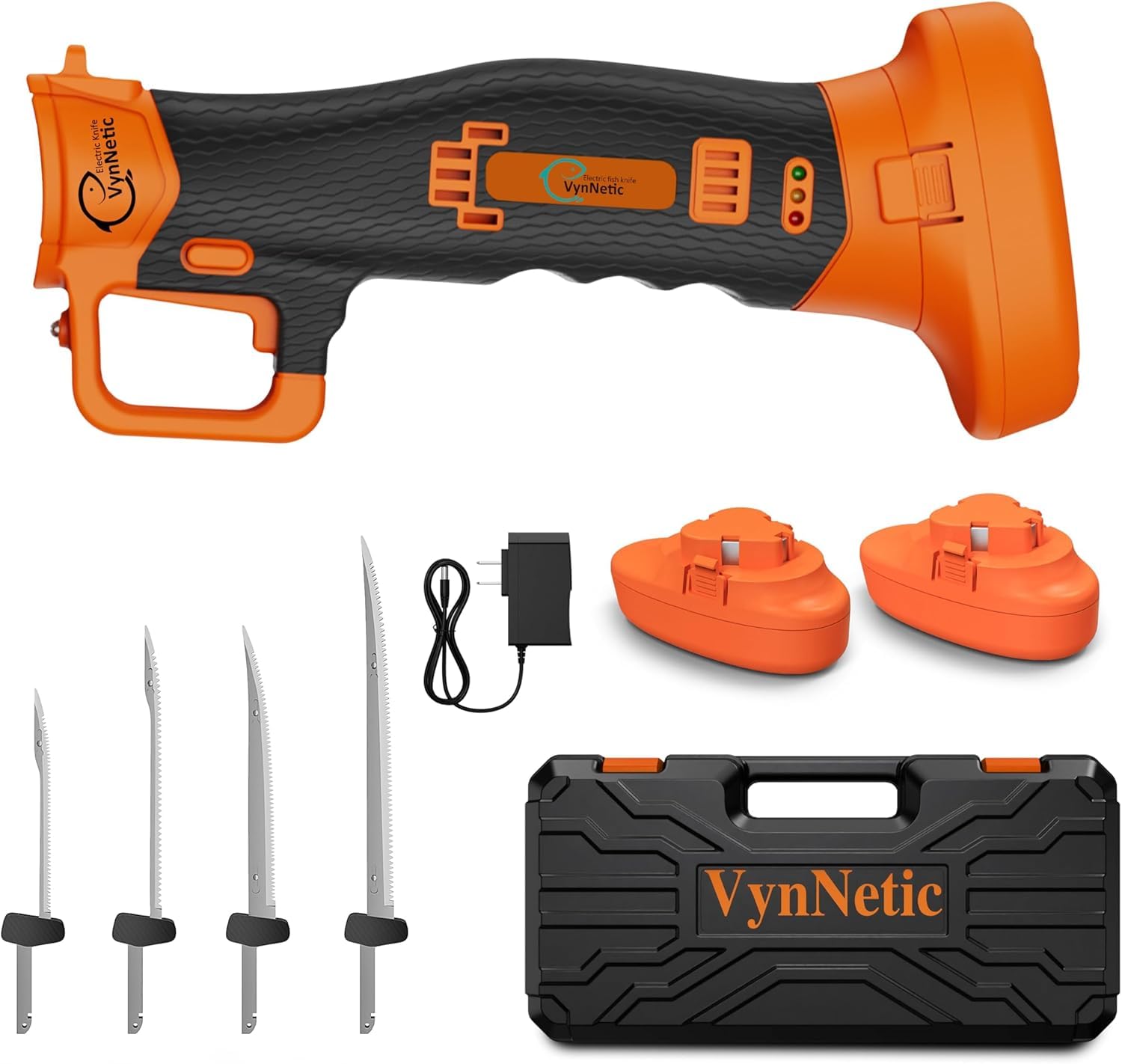 Photo 1 of VynNetic Electric Fillet Knife for Fish with 4 Stainless Steel Blades, Cordless Rechargeable Non-Slip Handle and Safety Lock, 2 Rechargeable Battery Packs Portable Carry Case