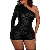 Floerns Women's PU Leather One Shoulder Long Sleeve Party One Piece Jumpsuit Romper