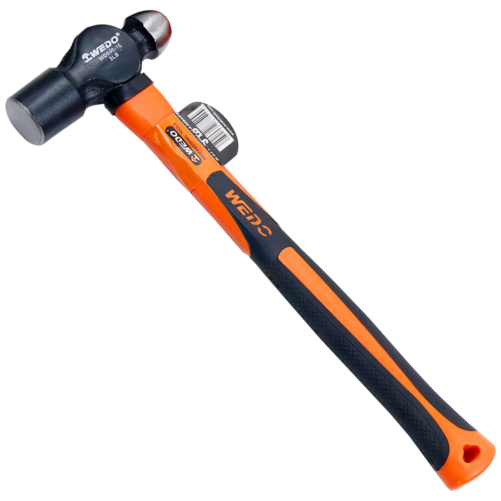 WEDO Ball Pein Hammer with Fiberglass Handles, 3lb Ball Peen Hammer with Plastic Non-Slip Coating Handle, High Carbon Steel, Die-Forged, Strong Torque,Length 340mm