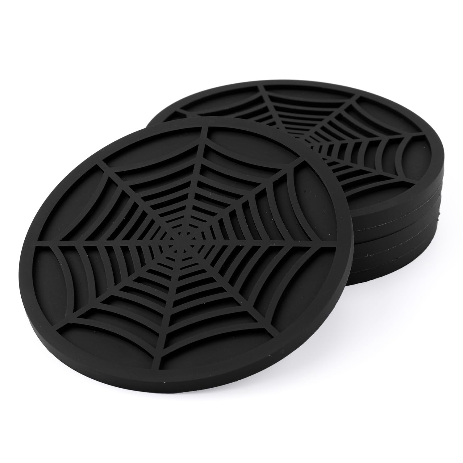 6pcs Spider Web Cup Coasters, 4in Plain Black Coasters for Drinks Spooky Spider Web Cork Placemats Goth Coasters Set Accessories for Halloween Party Kitchen Decor