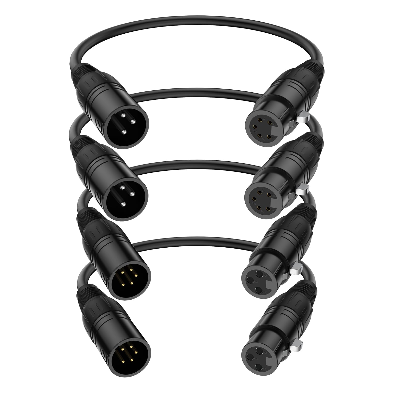 J&D XLR Cable 4-Pack, 3 Pin to 5 Pin Adapter (Male to Female & Female to Male) - DMX Microphone Cable for Audio & Stage Lighting, DMX512 Light Turnaround, 30 cm