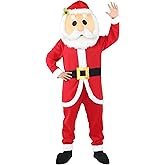 Svansea Christmas Mascot Santa Claus Costume Adult 3PCS Red Deluxe Onesie Jumpsuit Head for Xmas Halloween Cosplay Party
