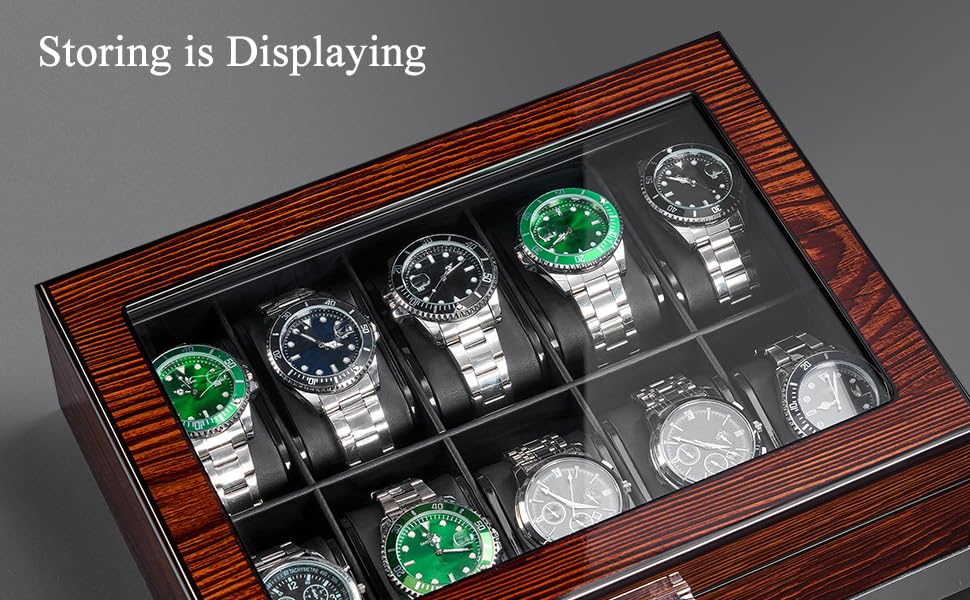 BEWISHOME Watch Box -10 Slot Wooden Watch Cases for Men Watch Storage with Real Glass Top, Mens Watch Organizer Holder with Removable Pillows, Smooth PU Leather Interior, Brown SSH10Y