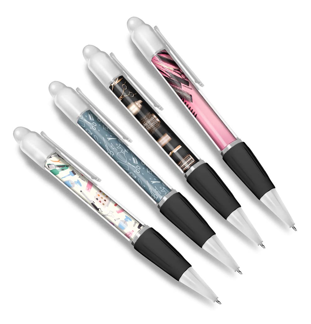 DV DESIGN Set of 4 Hairdressing White Ballpoint Pens - Hairdresser Tools Hair Congrats Pattern Student Job Boys Girls Men Women Theme Pen #79377