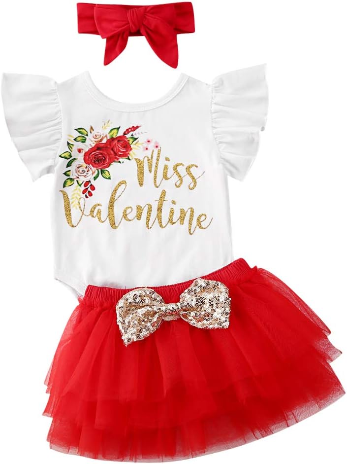 Newborn Infant Baby Girl Miss Valentine Ruffle Sleeve Romper Top Tutu Dress Headband 3Pcs Outfit