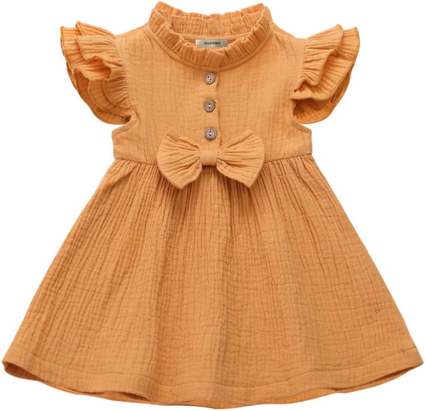 JIAJIAMIN Toddler Baby Girls Dress Solid Color Linen Ruffle Sleeve Bowknot Casual Dresses Toddlers Girls Clothes Outfits