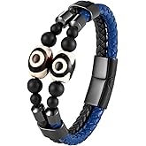 CARICY Mens Leather Bracelet Black Onyx Protection Healing Stone Bead Bracelet for Men Stainless Steel Evil Eye Clasp Cuff Bracelets Jewelry
