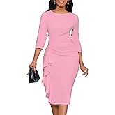 Dresses for Women 3/4 Sleeve Bodycon Ruffle Vintage Wear to Work Pencil Midi Dress
