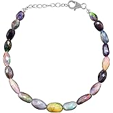 QNAVIC Natural Black Fire Opal Beads Bangle Bracelet for Women, Healing Chakra Crystals, Birthstone Jewelry, 925 Sterling Silver 8 inch, Birthday Christmas Gift for her