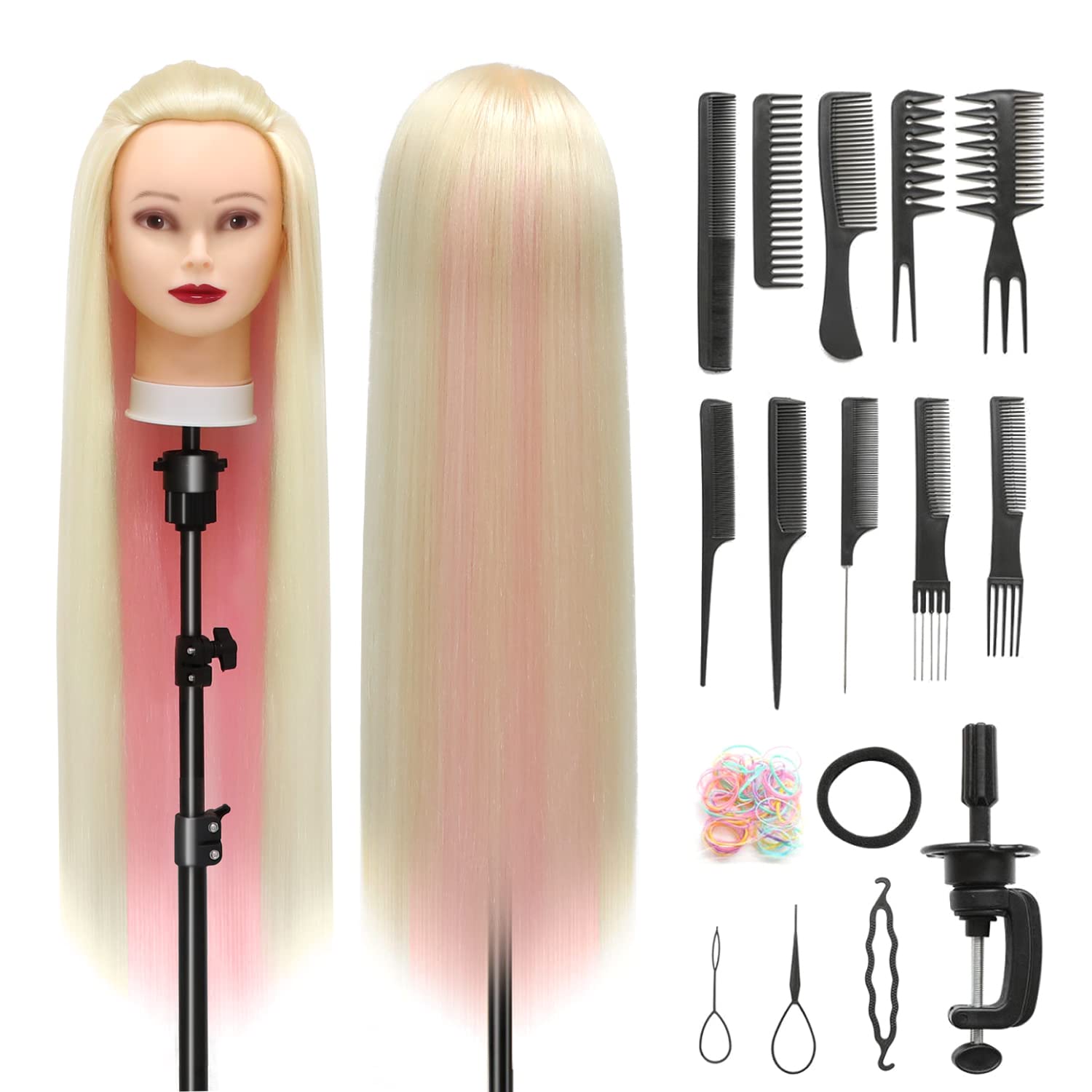 Styling Head 28 inch Hairdresser Training Head 100% Synthetic Fiber Hair Styling Head, Training Head Hairdressing Head with Free Clamp and DIY Braiding Set (Blonde Powder)