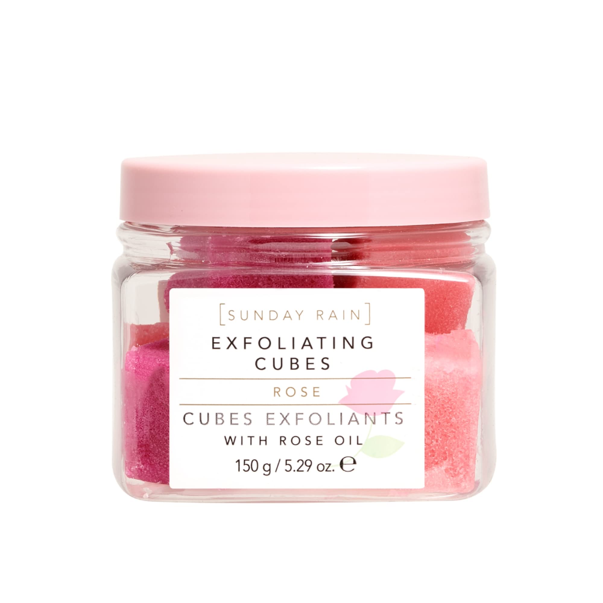 Sunday Rain Exfoliating Cubes, Gentle Vegan Body Exfoliator, Infused with Soothing Rose Oil, Vitamin A and Antioxidant Minerals for Renewing and Evening Skin Tone, Fresh Rose Petals Scent, 150g, Pink