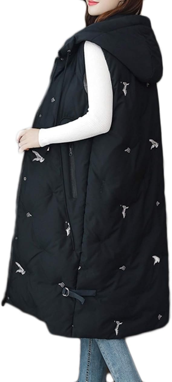 Amazon 大きいサイズ 刺繍 ダウンベスト ロング レディース キルティング インナーダウン ライトダウン アウター ノーカラー ジャケット 無地 ロング丈 薄手 軽量 ダウンベスト 秋冬 無地 あったか 防寒 スリム 着痩せ コート ベスト 通販