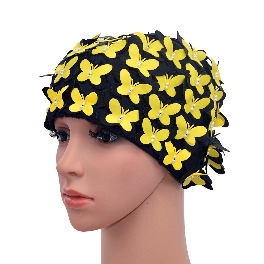 Medifier Vintage Swim cap Floral Petal Retro Style Bathing Caps for Women Yellow