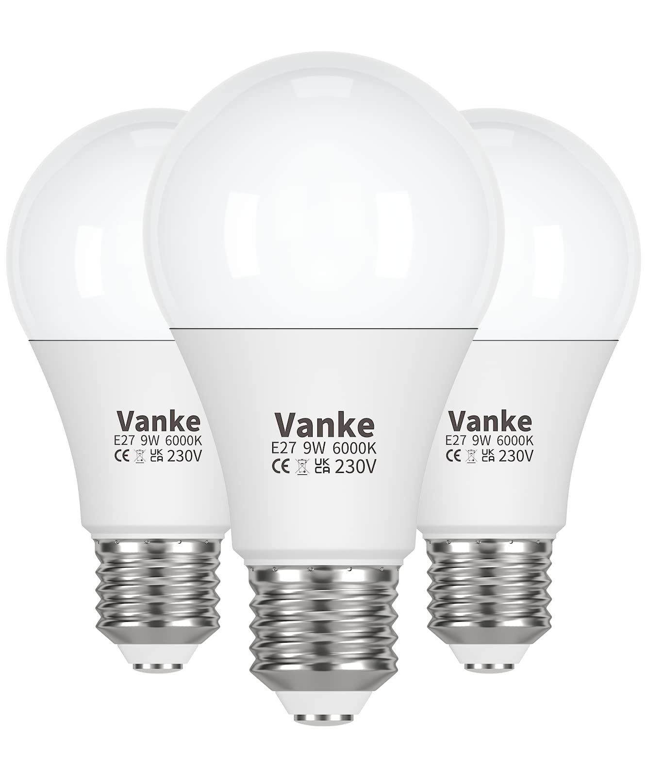 Vanke E27 Screw LED Bulb, 9 Watts (60W Equivalent) Cool White 6000K, ES Large Screw in Light Bulbs, 806 Lumen, Pack of 3, Non-Dimmable