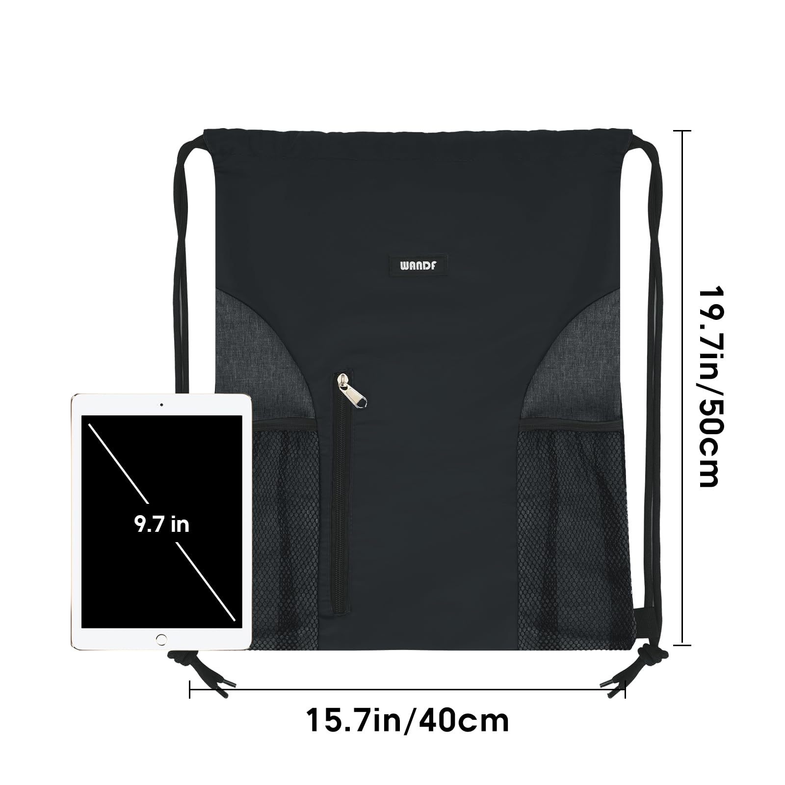 WANDF Drawstring Backpack Sports Gym Sackpack with Mesh Pockets Water Resistant String Bag for Women Men(Black)