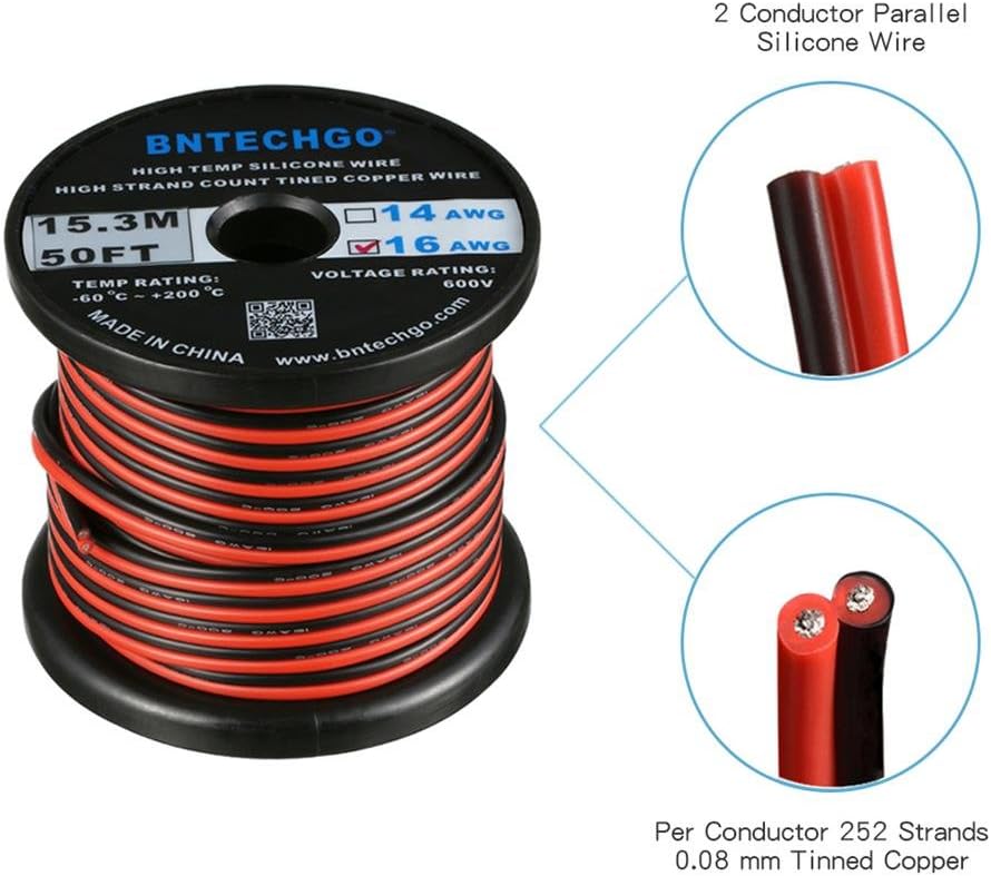 BNTECHGO 16 Gauge Flexible 2 Conductor Parallel Silicone Wire Spool Red Black High Resistant 200 deg C 600V for Single Color LED Strip Extension Cable Cord,model,50ft Stranded Tinned Copper Wire - Image 3