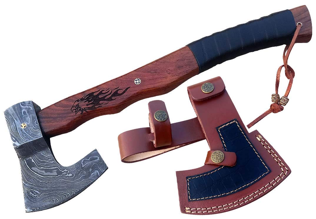 Dessi Handmade Damascus Steel Outdoor Tool Walnut Handle Leather Wrap Lanyard, Tiger Engraving Leather Sheath Camping Collectible Gift22440