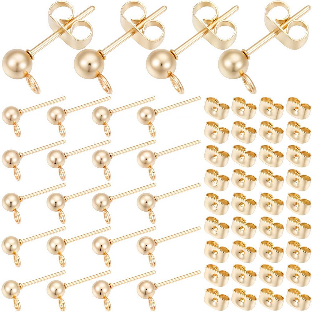 SOFPLATE 1 Box 100Pcs Ball Earring Posts Stainless Steel Stud Earring Findings Hypoallergenic Gold with Butterfly Ear Back and Loop Small Round Earring Studs for jewellery Making Supplies DIY Beginner