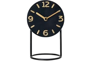 SOFFEE DESIGN Table Clock with Round Base, Iron Silent Desk Clock Battery Operated for Living Room Bedroom Home Decoration, Black