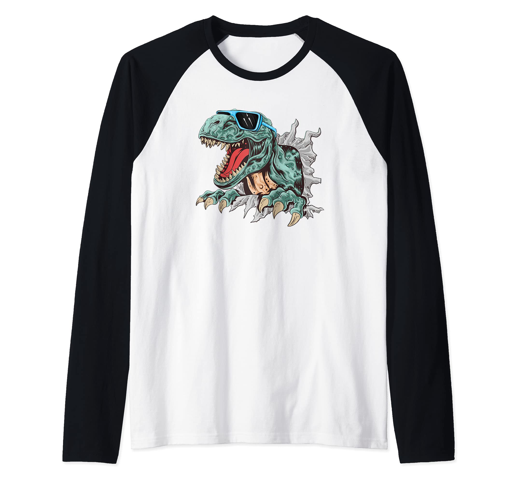 Dinosaur with Glasses T-rex Dinosaur Raglan Baseball Tee
