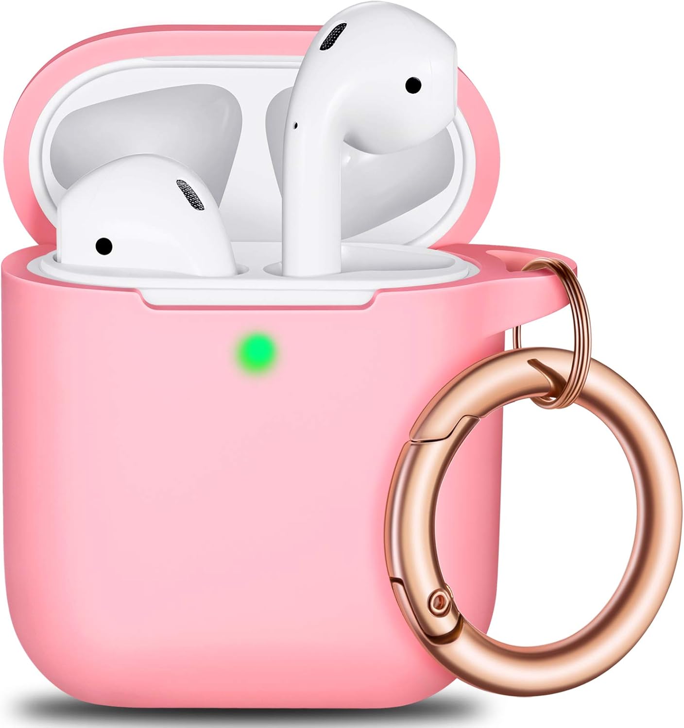 AirPods Case Cover with Rosegold Keychain, Full Protective Silicone AirPods Accessories Skin Cover for Women Girl with Apple AirPods Wireless Charging Case,Front LED Visible-Pink