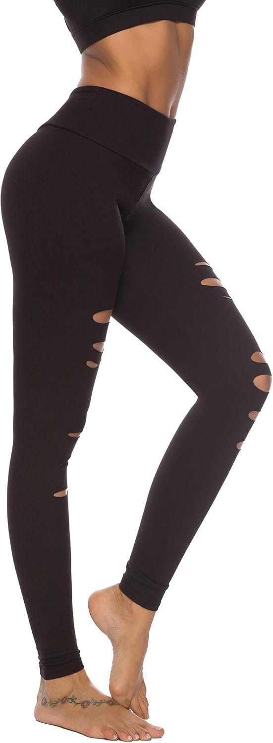 DIBAOLONG Womens High Waist Yoga Pants Cutout Ripped Tummy Control Workout Running Yoga Skinny Leggings: Clothing