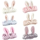 6 Pack Spa Headband, Rabbit Ears Makeup Headband Hair Band, Elastic Bunny Ears Coral Fleece Head Wrap Skincare Headbands for Party Face Washing Beauty Shower Women Girls, Easter Cosplay Costum