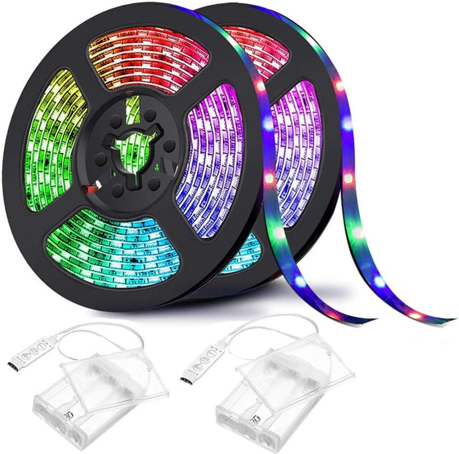 Sunboia RGB LED Strip Lights 2M 2Pack Flexible TV Backlight Bias Lighting LED Lights Waterproof 5050 with Battery Powered for Xmas Home DIY Desktop PC Music Festival Jellyfish Party Decorations