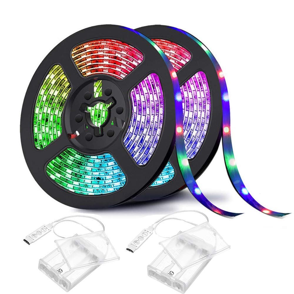 Sunboia RGB LED Strip Lights 2M 2Pack Flexible TV Backlight Bias Lighting LED Lights Waterproof 5050 with Battery Powered for Xmas Home DIY Desktop PC Music Festival Jellyfish Party Decorations